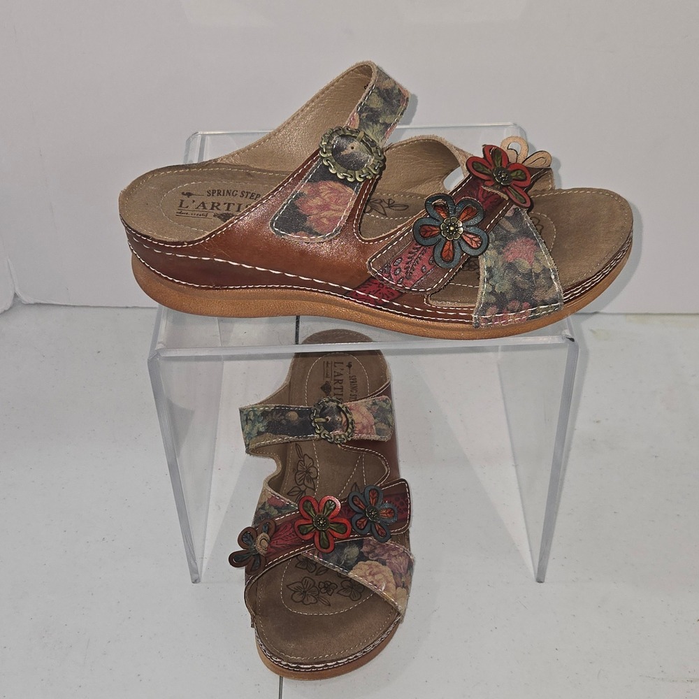 Spring Step L'Artiste Carlinee Brown Floral Leather Slide Sandals Womens 39 8.5